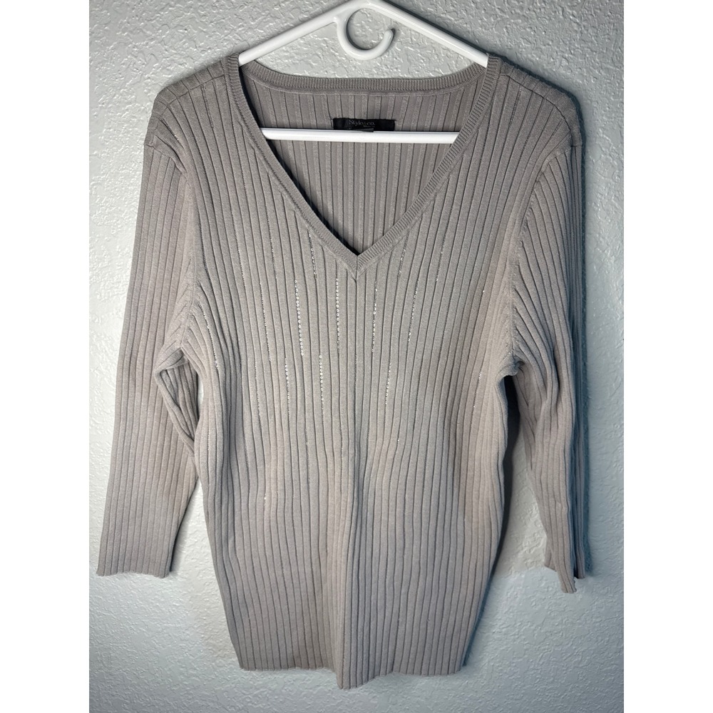 RIBBED Style & Co V-Neck Sweater Women 2X Gray Excellent